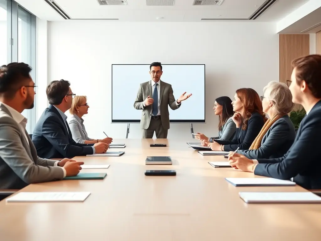A business coach leading a workshop on leadership development, guiding managers and executives through effective communication and team management techniques.