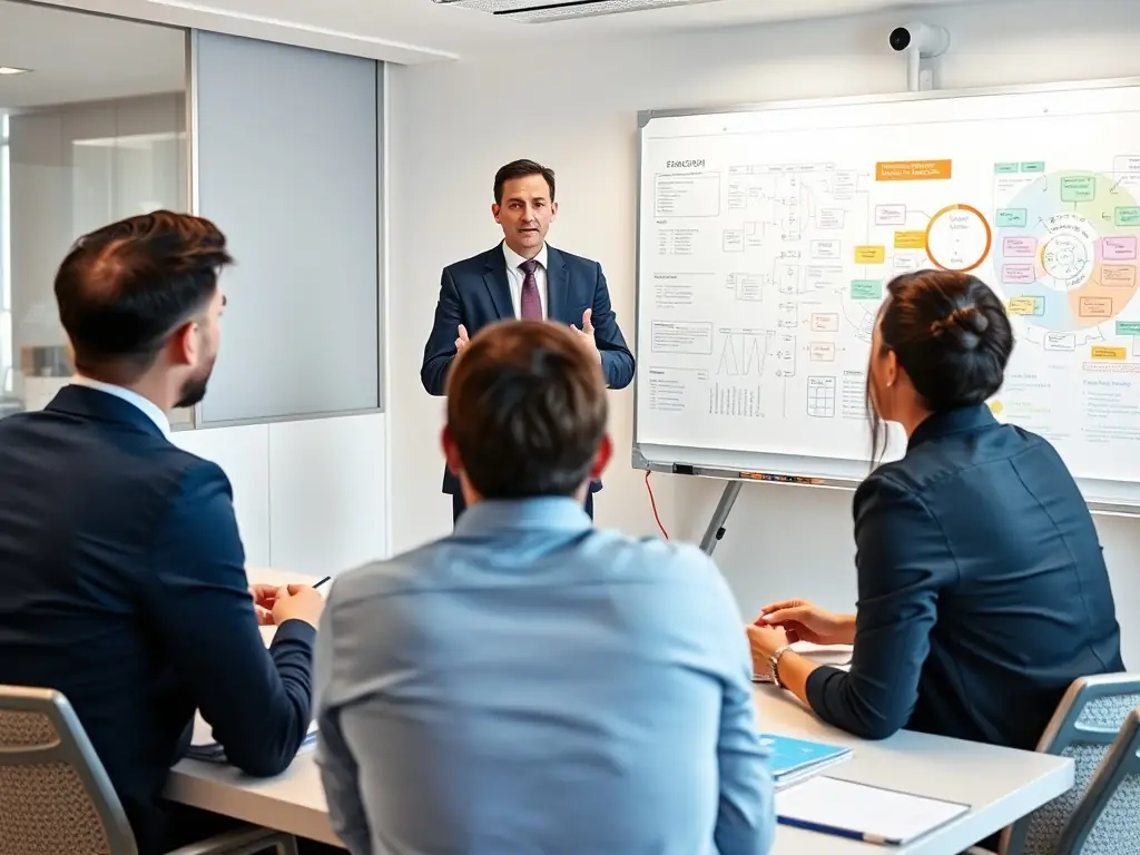 An image of a business coach conducting a workshop with a group of engaged professionals in a modern conference room, representing the Leadership Development Program.