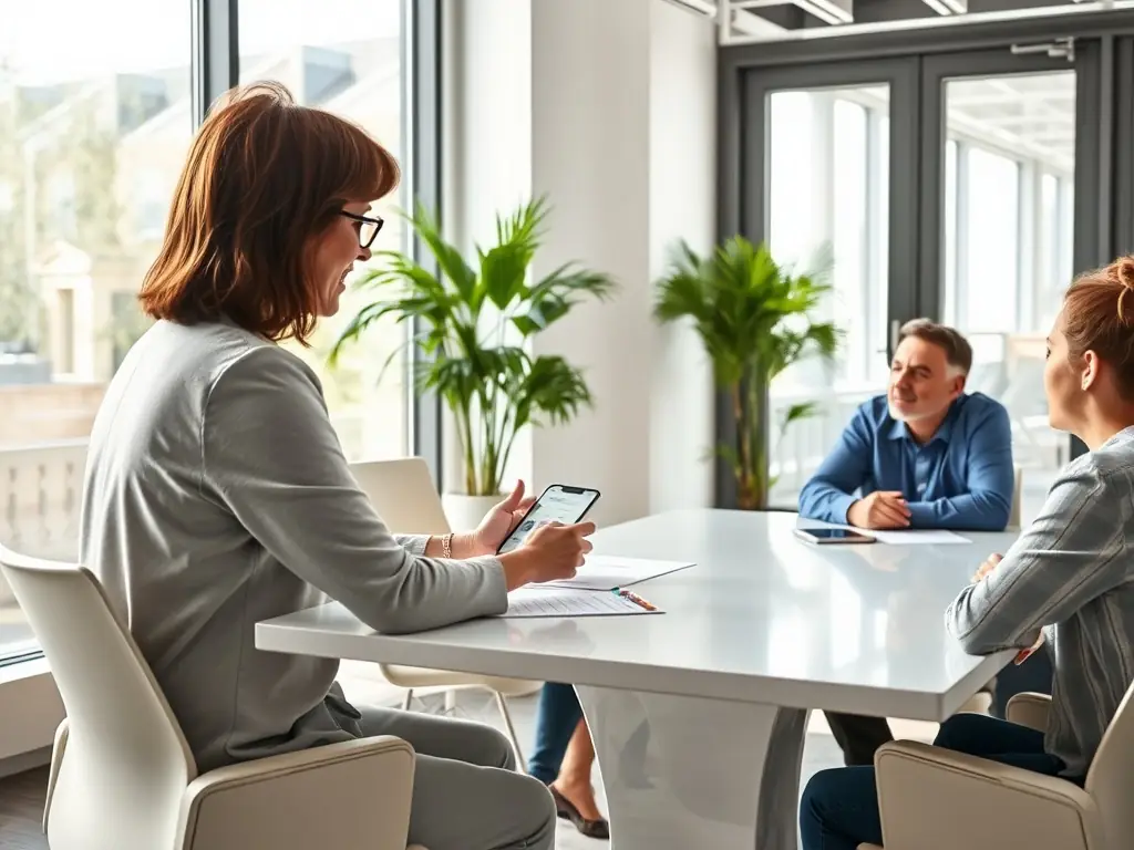 A business coach in a modern office setting, working with a team to improve their strategic planning and execution, focusing on employee retention and engagement.