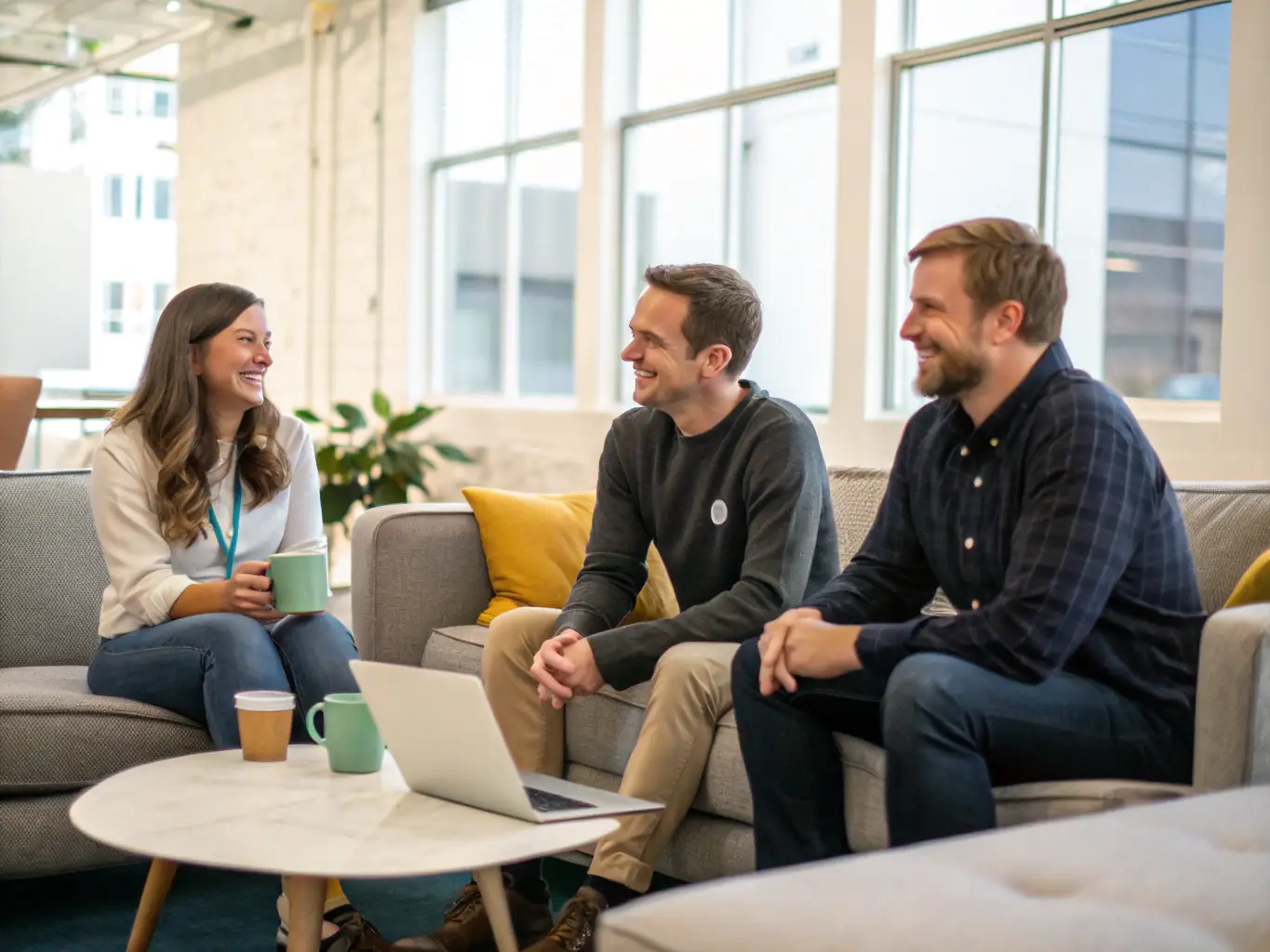An image showcasing a positive and supportive workplace environment, with employees smiling and interacting positively.